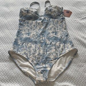 Shade & Shore Cream and Blue Tropical Toile One-Piece Swimsuit